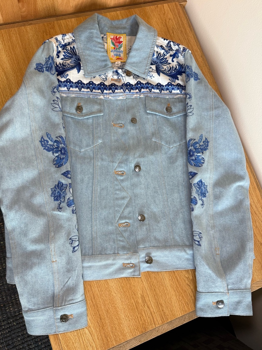 100% Cotton Light Blue Denim Jacket with Royal Blue Floral Embroidery